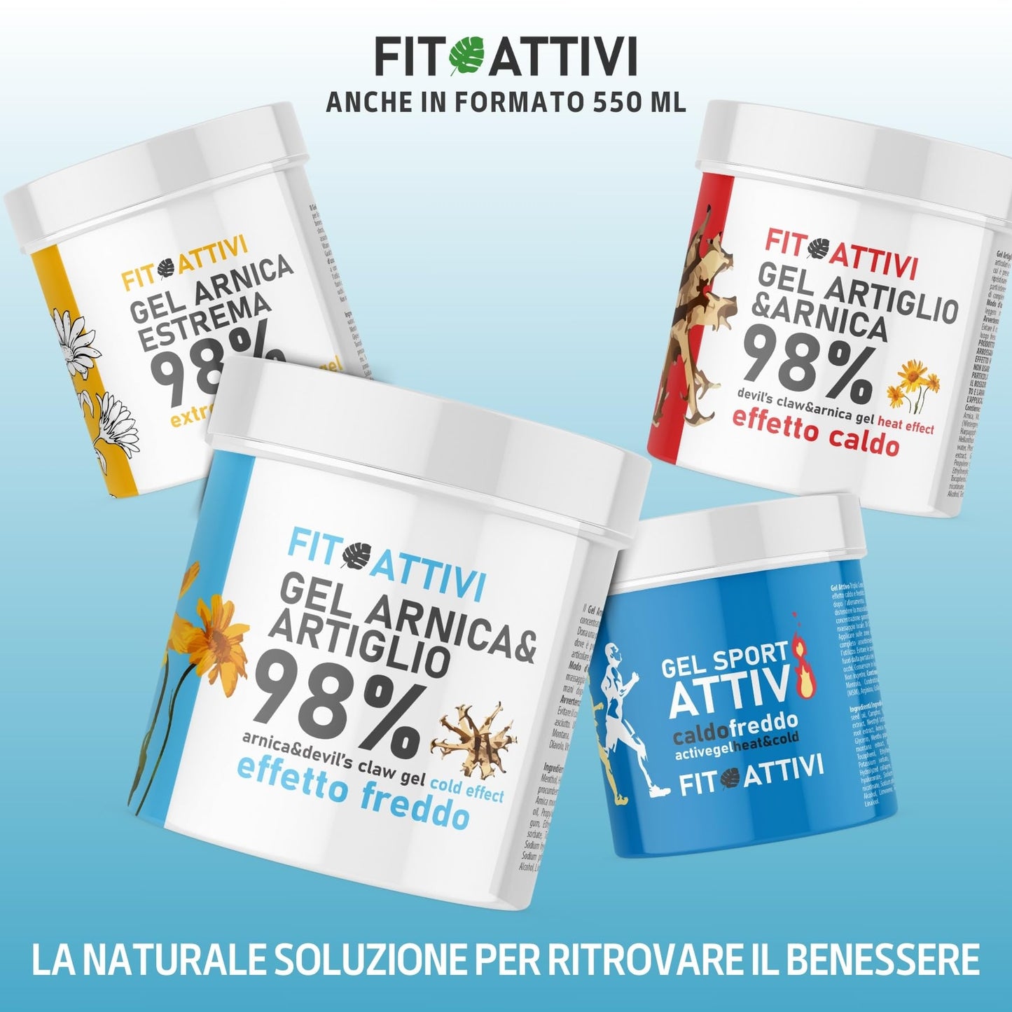 Arnica Gel Forte 550 ml, Arnica per Cavalli Uso Umano Effetto Freddo 98% con Artiglio del Diavolo Vitamina E Canfora per Massaggi Locali 100% BIO e Made in Italy - FITOATTIVI