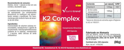 Vitamina k2 mk7 Complex 1250mcg - 240 Capsule - Vegan - Altamente dosato - MK-4 e MK-7 | Vitamintrend®