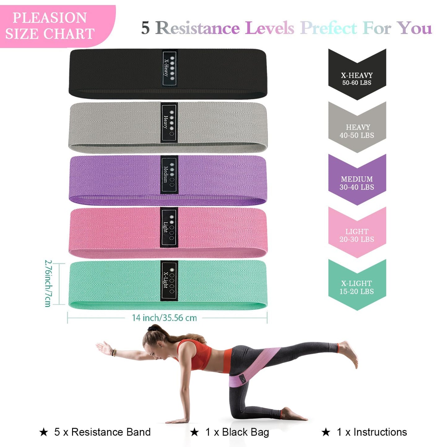 PLEASION Elastici Fitness,5 Livelli Bande Elastiche di Resistenza Set di Fasce Elastiche Fitness,Banda Elastica per Allenamento di Forza,Bodybuilding, Yoga Pilates Squats Crossfit