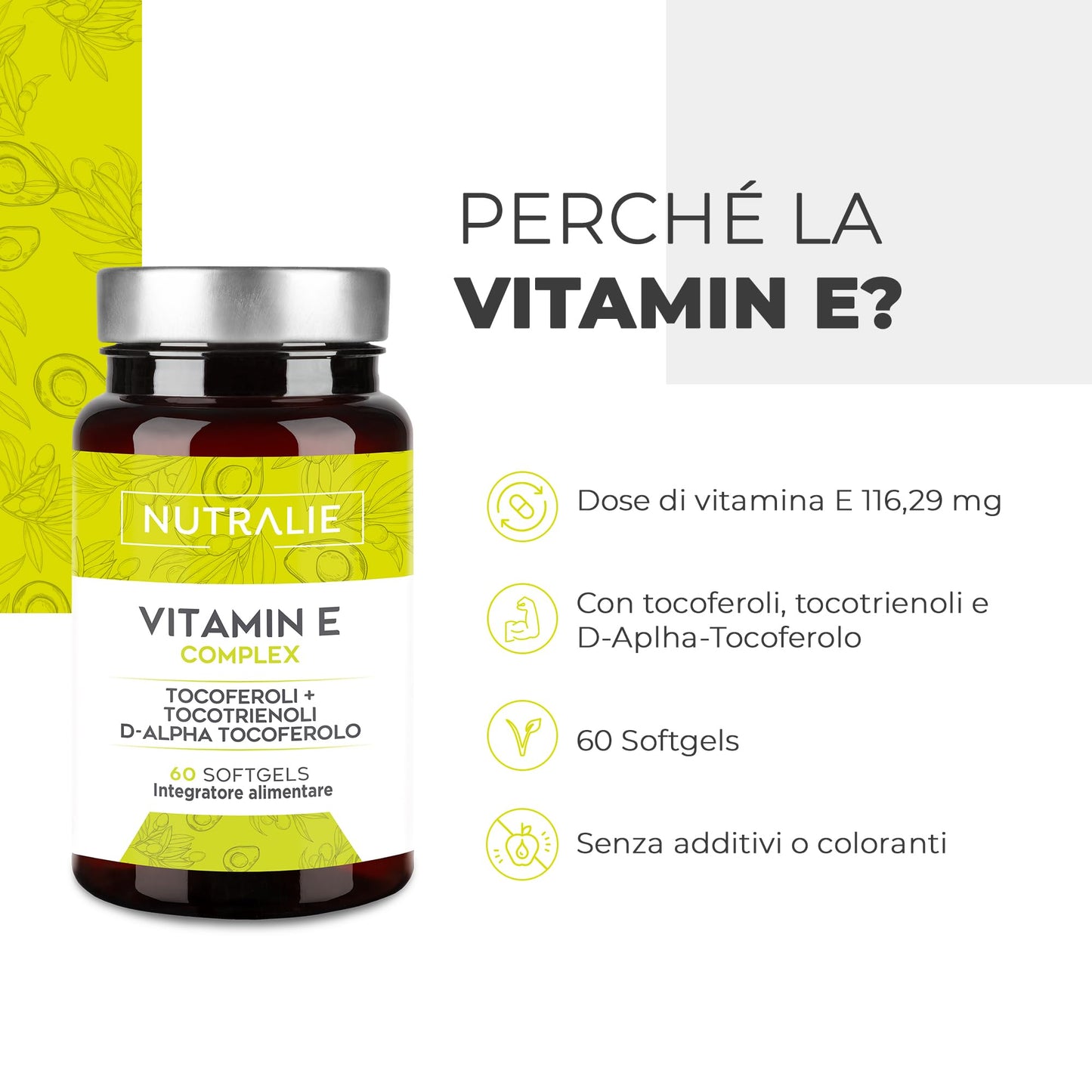 Vitamina E Pura - Tocoferolo Naturale Massimo Assorbimento - Antiossidante Pelle e Anti-aging - Vitamina E Tocoferolo + Tocotrienolo - Vitamina E Capsule per Viso | 60 Capsule Molli Nutralie