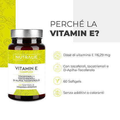 Vitamina E Pura - Tocoferolo Naturale Massimo Assorbimento - Antiossidante Pelle e Anti-aging - Vitamina E Tocoferolo + Tocotrienolo - Vitamina E Capsule per Viso | 60 Capsule Molli Nutralie