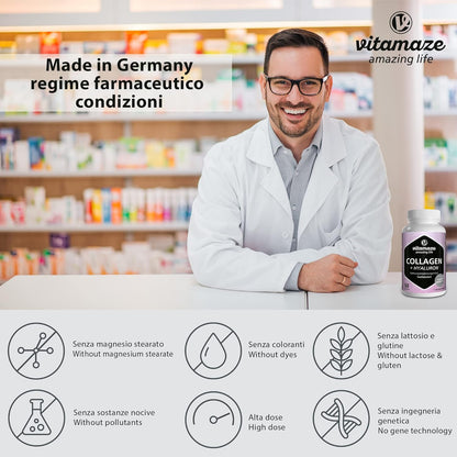 Vitamaze® Collagene con Acido Ialuronico + Condroitina + Lisina, 60 Capsule Idrolizzato, senza Additivi non Necessari.