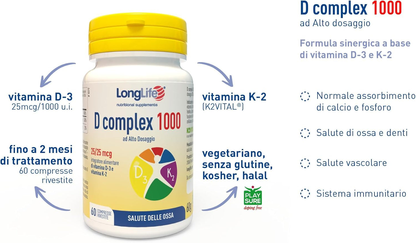 LongLife® D complex 1000 | Integratore vitamina D3 e K2 | Alto dosaggio |Senza glutine e Kosher