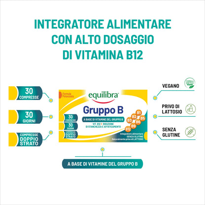 equilibra, Vitamine Gruppo B, Alto dosaggio B12 1000 mcg con Rilascio FAST e Fino a 8 Ore, Vegan, 30 Compresse Doppio Strato, Benessere Fisico-Mentale, Riduce Stanchezza e Affaticamento