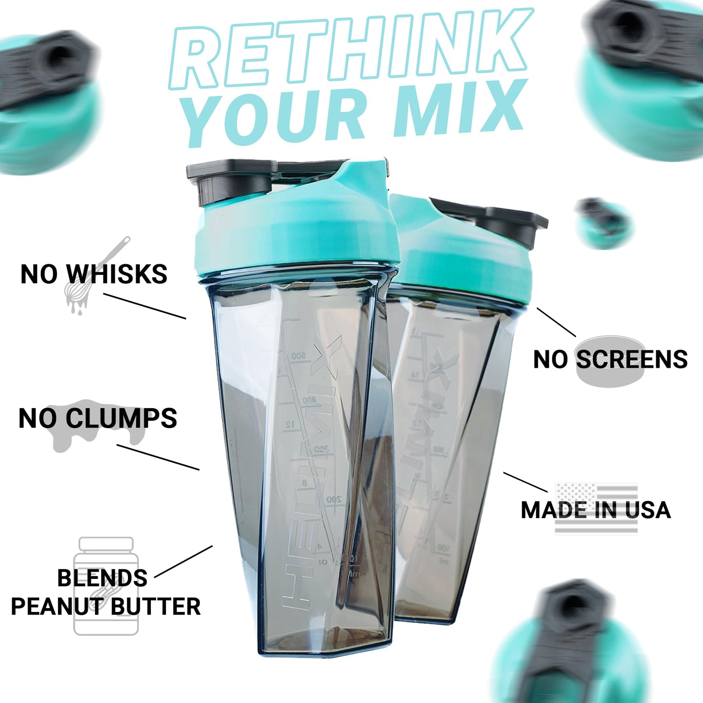 HELIMIX 1,5 Vortex Blender Shaker bottiglia contiene fino a 828 ml | Nessuna palla o frusta | Prodotto negli Stati Uniti | Portatile pre allenamento Proteine del siero di latte shaker tazza | Mescola