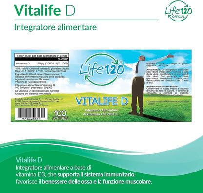 Life 120 - Vitalife D - Integratore alimentare di Vitamina D 2000 UI per softgel, 100 Softgel ad Alto Dosaggio, fondamentale per Ossa, Denti, Muscoli e Sistema Immunitario, 3 Confezioni da 100 Softgel