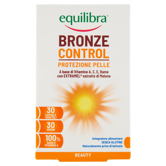 Equilibra Integratori Alimentari, Bronze Control, Integratore Vitamina A, Vitamina C, Vitamina E e Rame, con Estratto di Melone Brevettato, per l'Esposizione Solare, Senza Glutine, 30 Capsule Vegetali