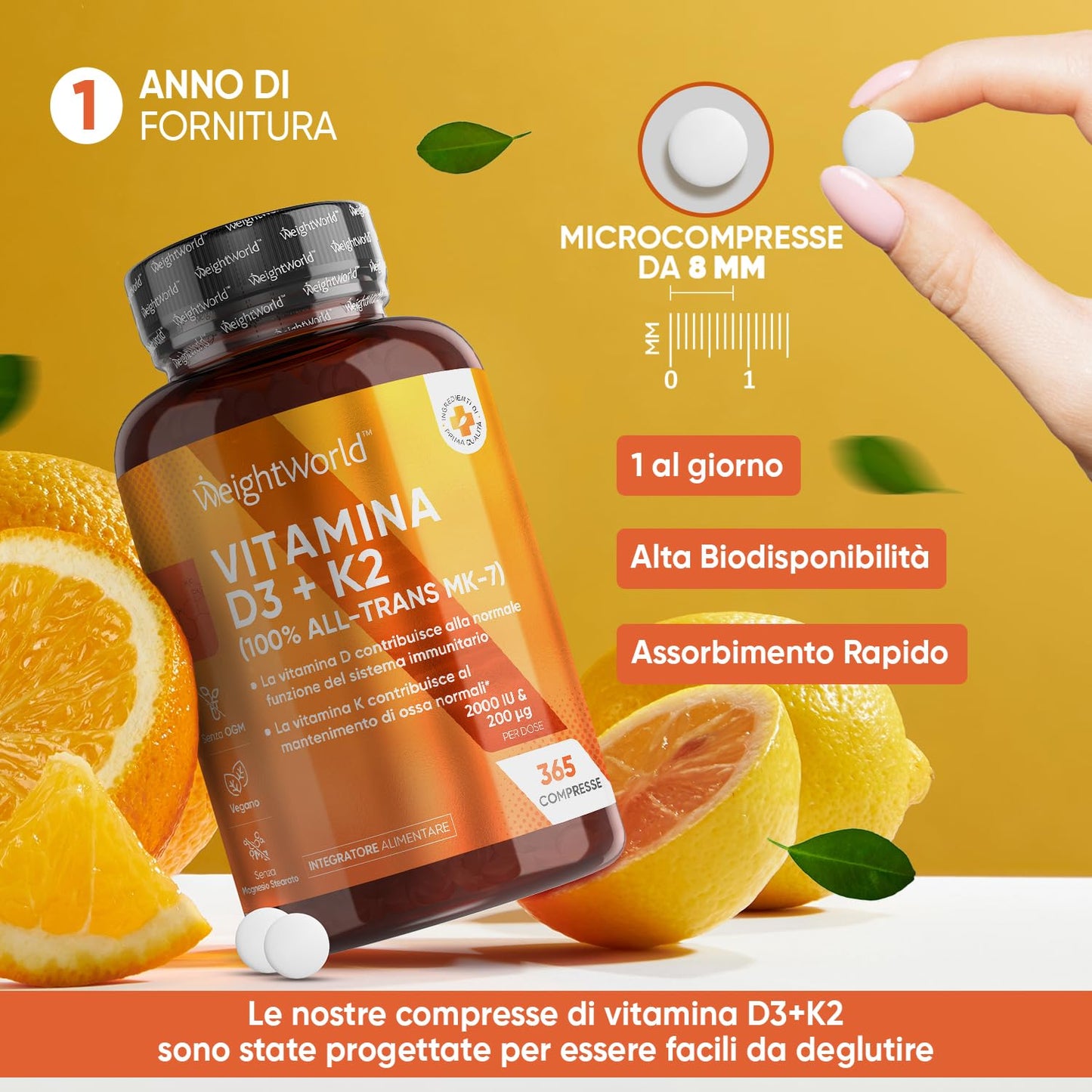 Vitamina D3 K2, Vitamina D 2000 UI + 200μg Vitamina K2 MK7, 365 Compresse Senza Magnesio Stearato, Vitamina D3 + Vitamina K2 100% All-Trans Biodisponibile, Sistema Immunitario, Ossa, Denti, Muscoli