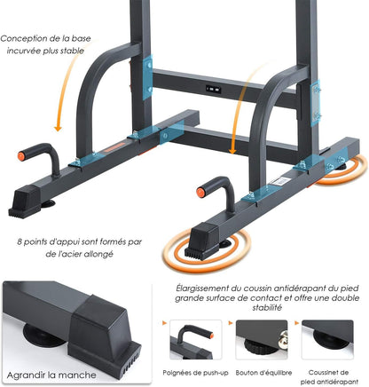 ISE Power Tower Multifunzione, Altezza Regolabile 192-228cm, Dip Station, Sbarra Sollevamento, Impugnature per Flessioni, Sbarra Trazioni Workout Dip Station per Dips,Chin Up,Allenarsi a Casa