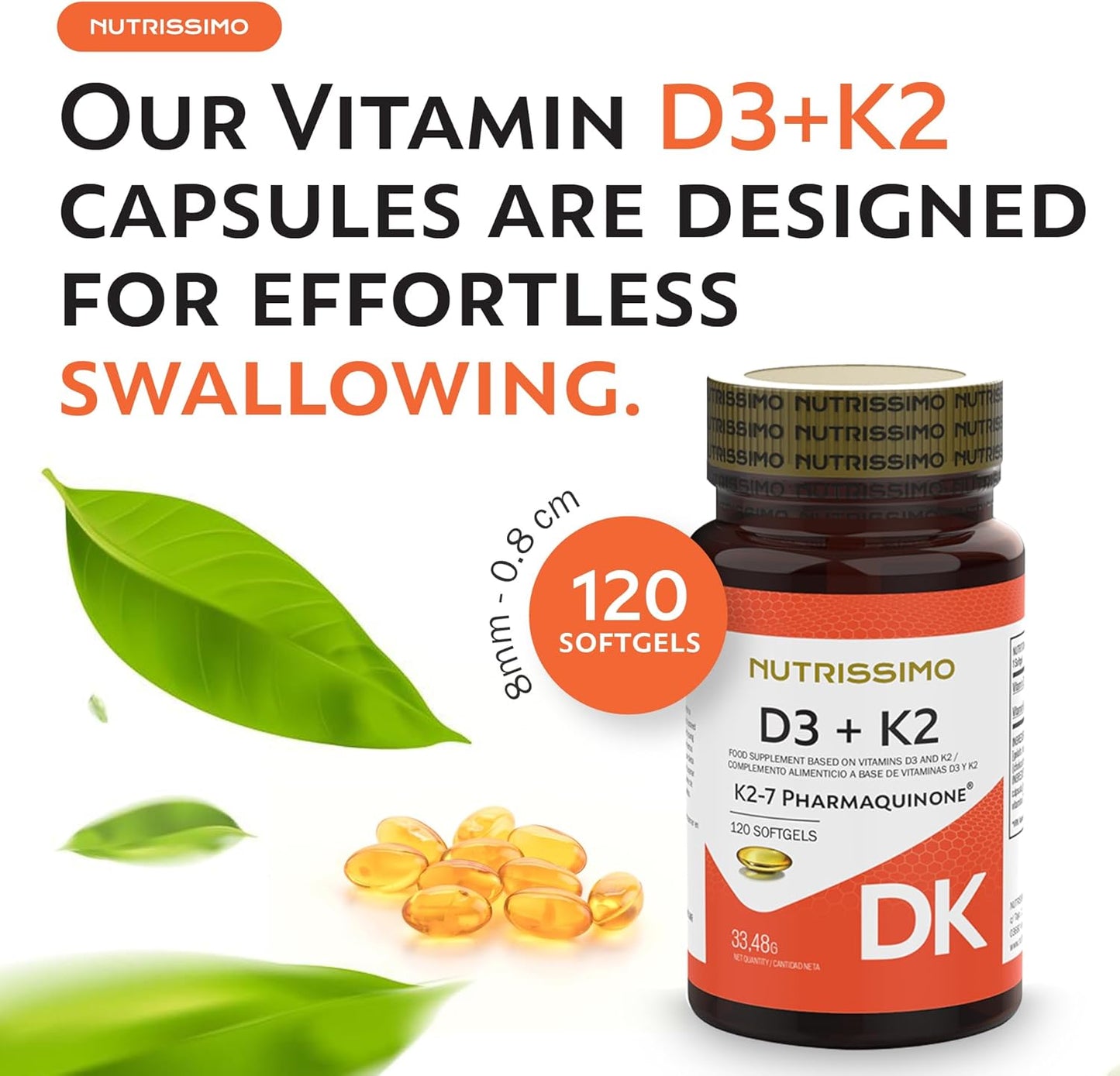 NUTRISSIMO Vitamina D e Vitamina K (D3+K2) | 120 Softgels | 2000 UI D3 + 100µg K2 (PHARMAQUINONE®) | Supporto per Ossa, Muscoli, Denti e Sistema Immunitario