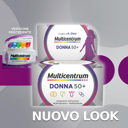 Multicentrum Donna 50+ Integratore Multivitaminico completo, con Magnesio, Vitamina A, D, B12, Calcio, per combattere stanchezza e affaticamento per Donne oltre 50 anni, 100 Compresse