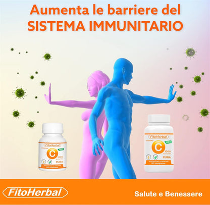 FitoHerbal Vitamina C Pura SENZA ADDITIVI Compresse Alto Dosaggio Integratore Acido Ascorbico Potenzia Sistema immunitario Protegge dai Radicali Liberi Antiossidante Naturale.