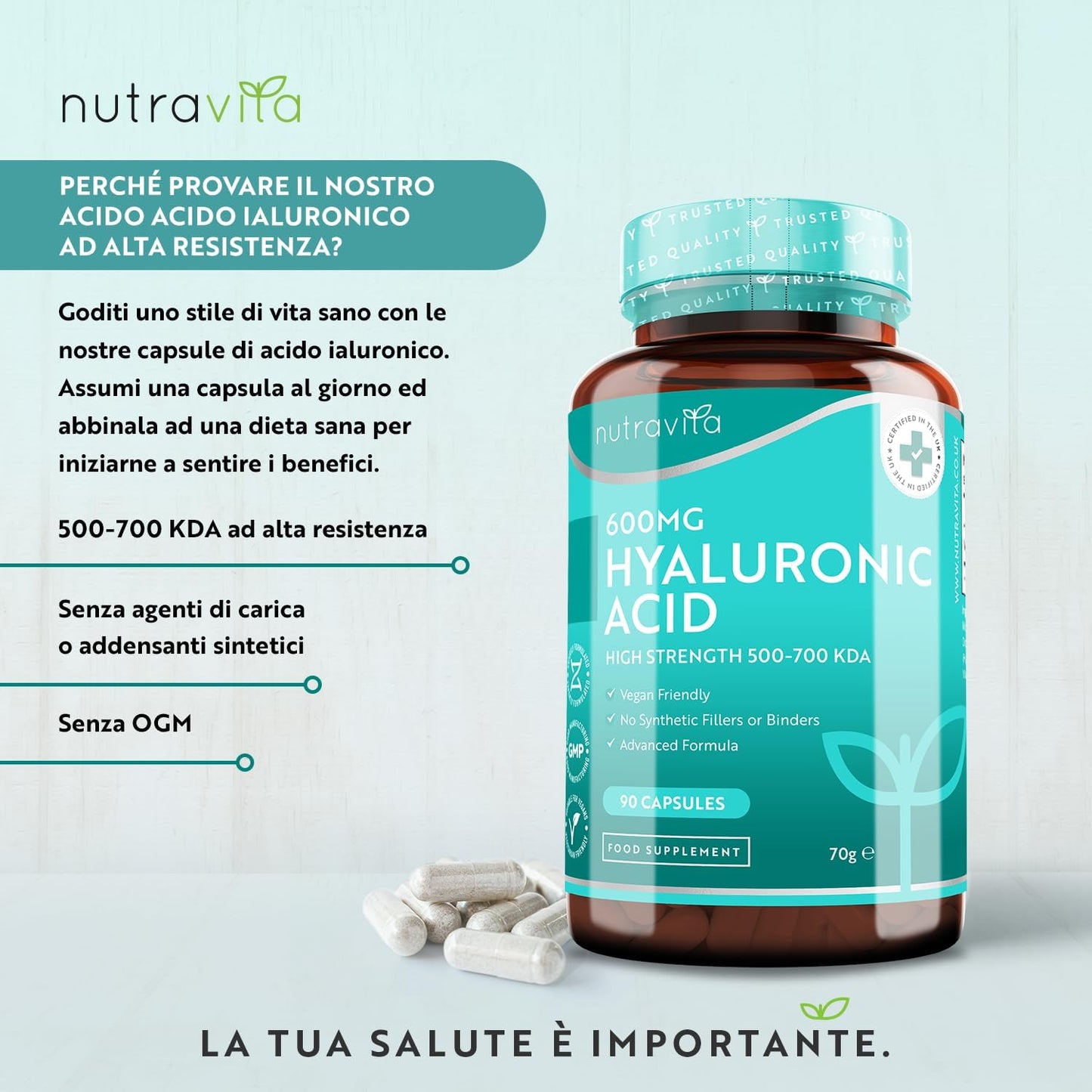 Acido Ialuronico in Capsule – da 600 mg - Alto Dosaggio 500-700KDA - Senza OGM, Riempitivi o Leganti Sintetici - Nutravita