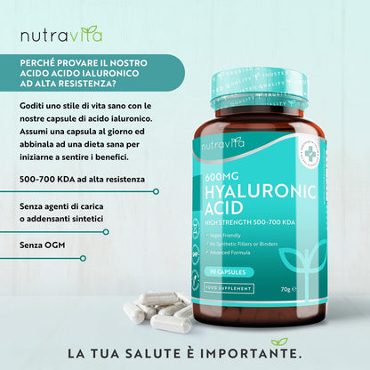 Acido Ialuronico in Capsule – da 600 mg - Alto Dosaggio 500-700KDA - Senza OGM, Riempitivi o Leganti Sintetici - Nutravita