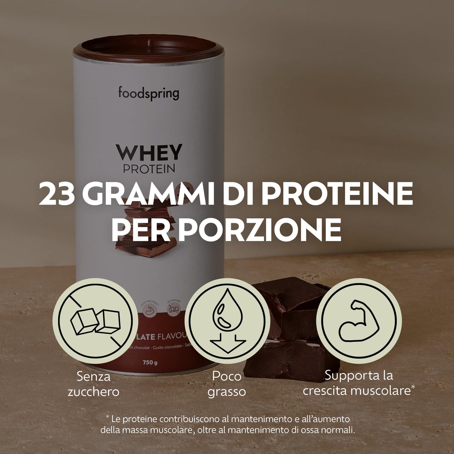 foodspring - Proteine Whey in polvere Cioccolato - Con 21 g di proteine per l'aumento muscolare, perfetta solubilità, ultra-filtrate & ricche di BCAA ed EAA - gusto pieno e delizioso (750 g)