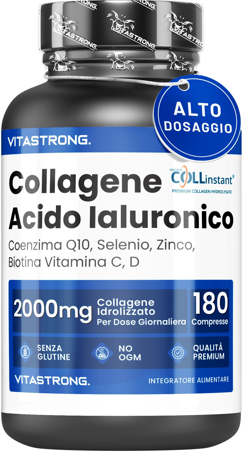 COLLAGENE IDROLIZZATO 2000MG Vitastrong - COLLinstant® Collagene e Acido Ialuronico con Biotina, Coenzima Q10, Zinco, Selenio, Vitamina C, Vitamina D - Formula Efficace - Qualità Premium