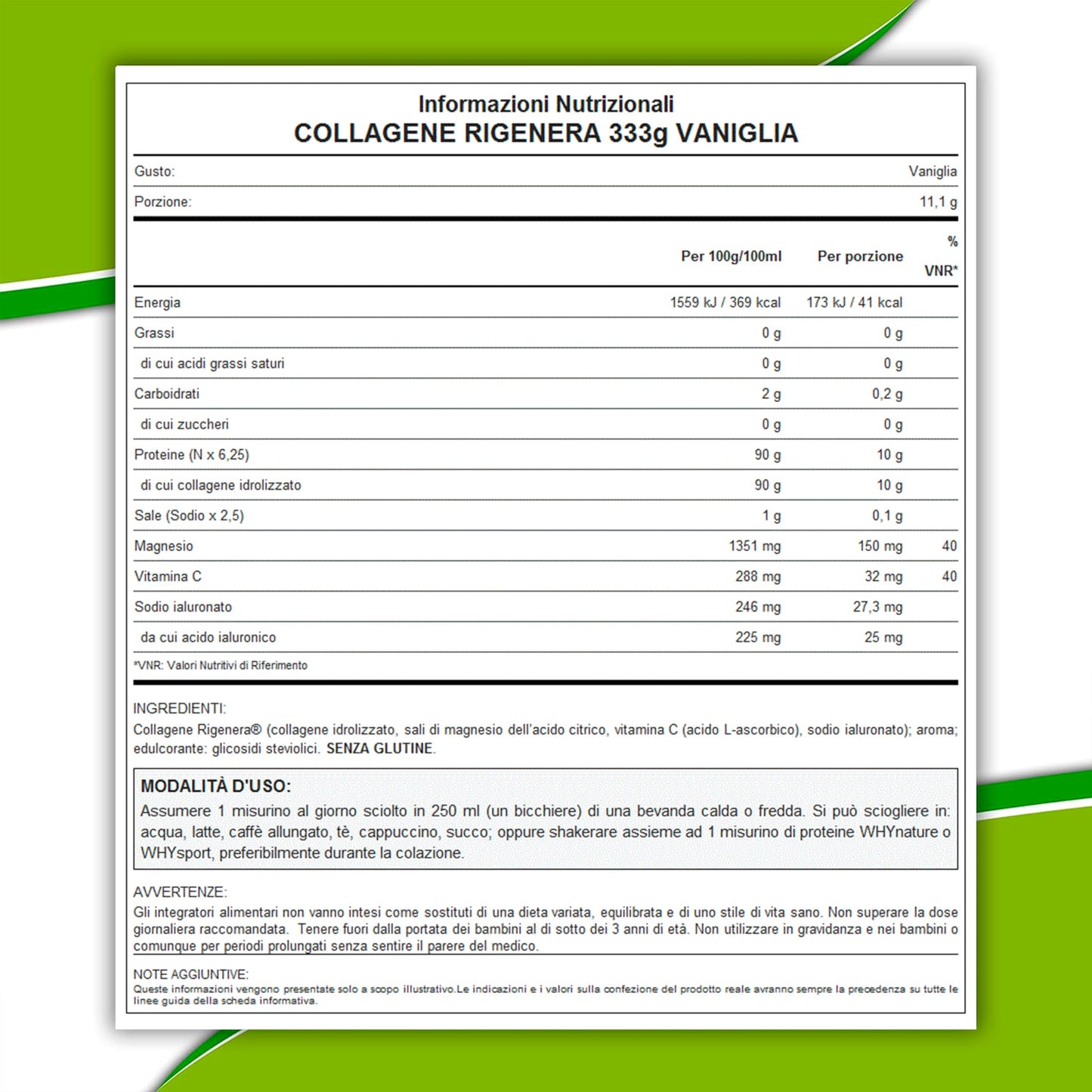 WHY NATURE COLLAGENE RIGENERA - Collagene Idrolizzato Puro e Naturale - Con Magnesio, Vitamina C e Acido Ialuronico - Gusto Neutro - 330gr