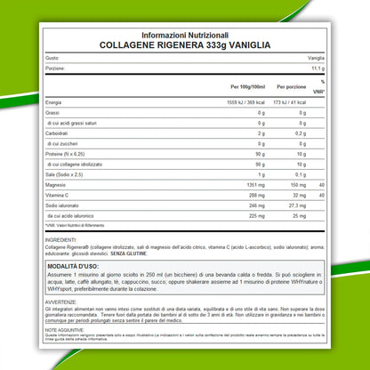 WHY NATURE COLLAGENE RIGENERA - Collagene Idrolizzato Puro e Naturale - Con Magnesio, Vitamina C e Acido Ialuronico - Gusto Neutro - 330gr