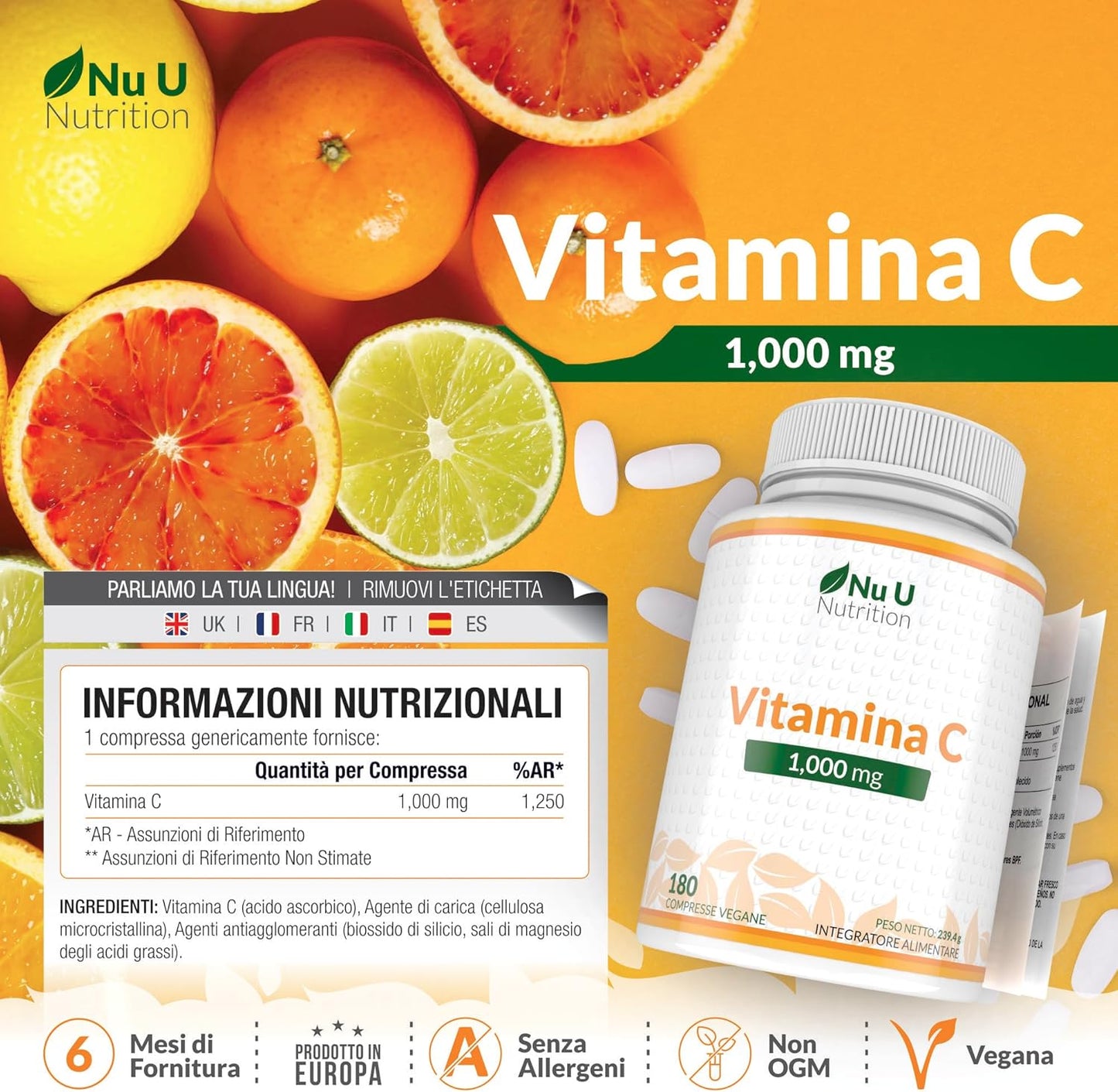 Vitamina C 1000mg Pura Alto Dosaggio - 180 Compresse Vegane - 6 Mesi di Fornitura - Acido Ascorbico - Senza GMO - Integratori alimentari di Nu U Nutrition