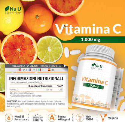 Vitamina C 1000mg Pura Alto Dosaggio - 180 Compresse Vegane - 6 Mesi di Fornitura - Acido Ascorbico - Senza GMO - Integratori alimentari di Nu U Nutrition