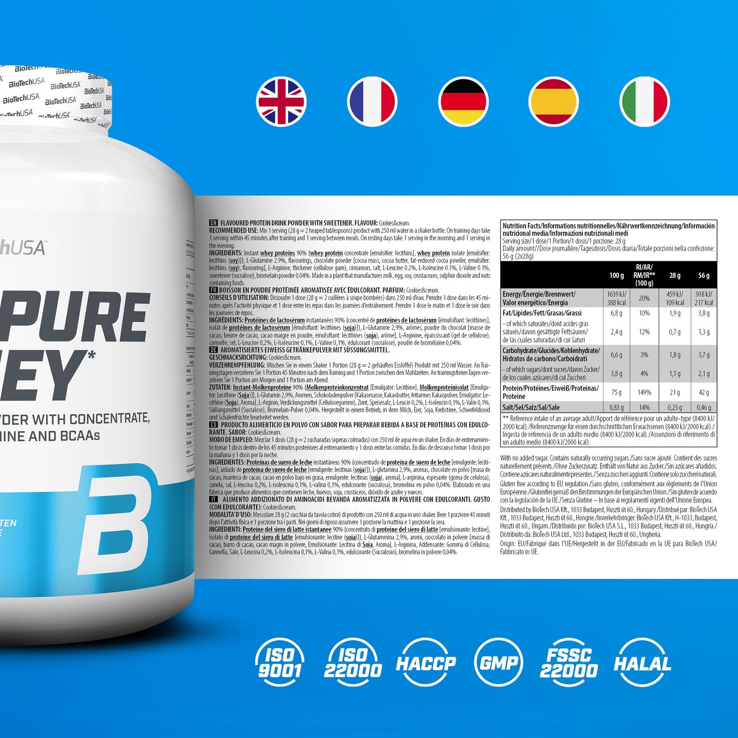 BioTechUSA 100% Pure Whey Complesso proteico del siero di latte con bromelina, aminoacidi, senza zuccheri aggiunti, senza olio di palma e con edulcorante, 1 kg, Cioccolato