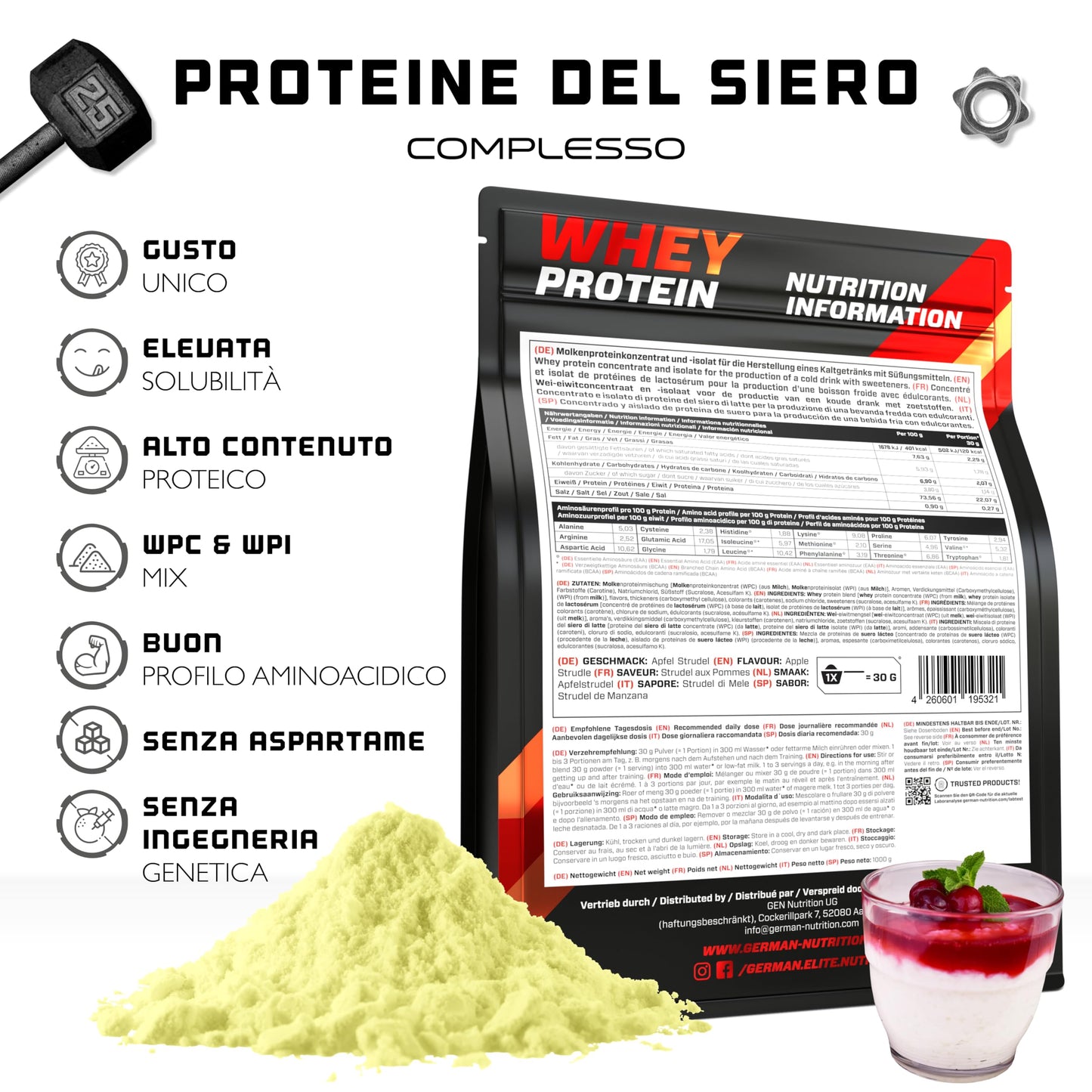 Whey Proteine Complesso - 1000 g (Gelato alla vaniglia) - Con contenuto isolato - Proteine in polvere solubili istantanee con BCAA ed EAA - German Elite Nutrition