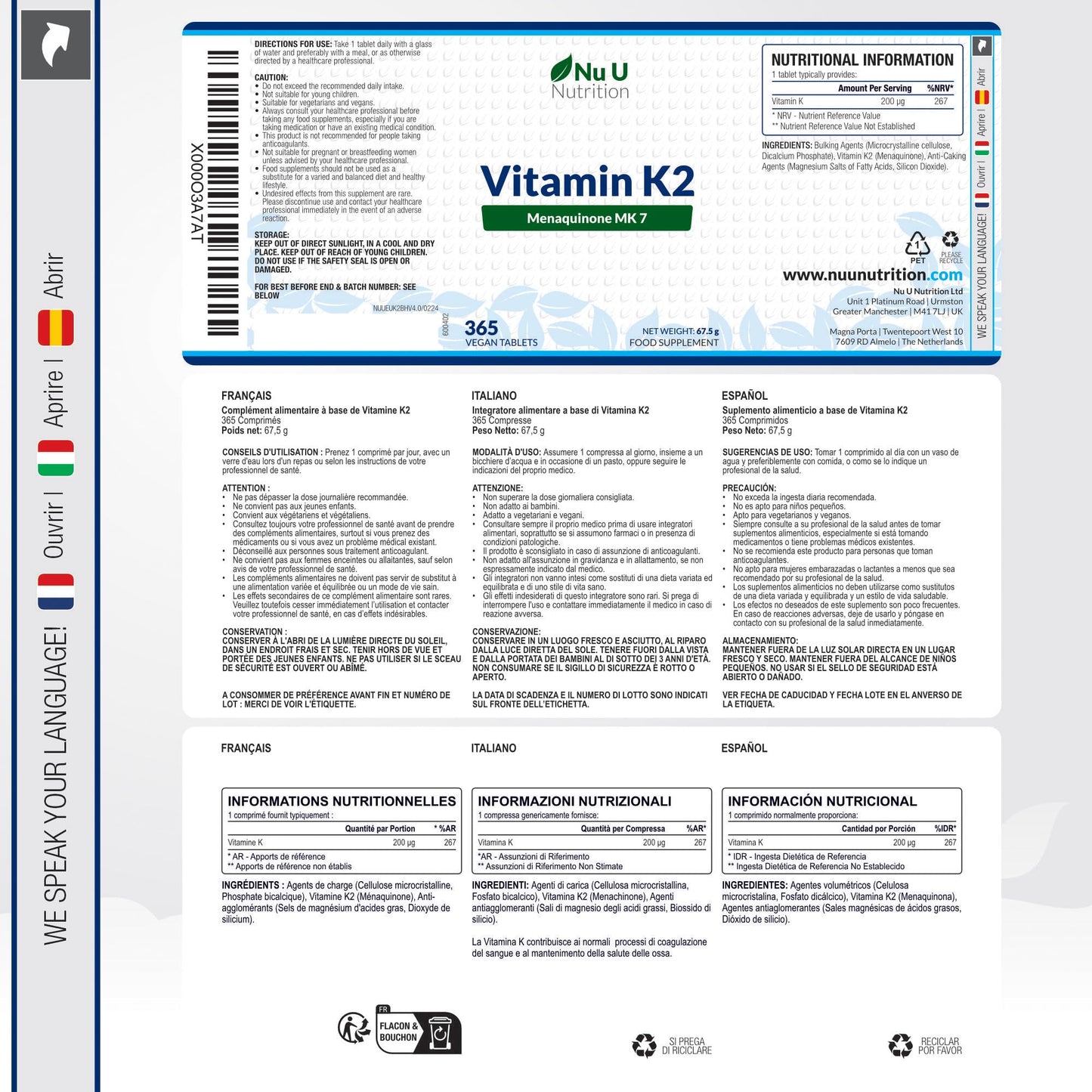 Vitamina K2 MK7 200mcg - 365 Compresse Vegane - 1 Anno di Scorta - Vit K2 Menachinone MK-7 - Nu U Nutrition