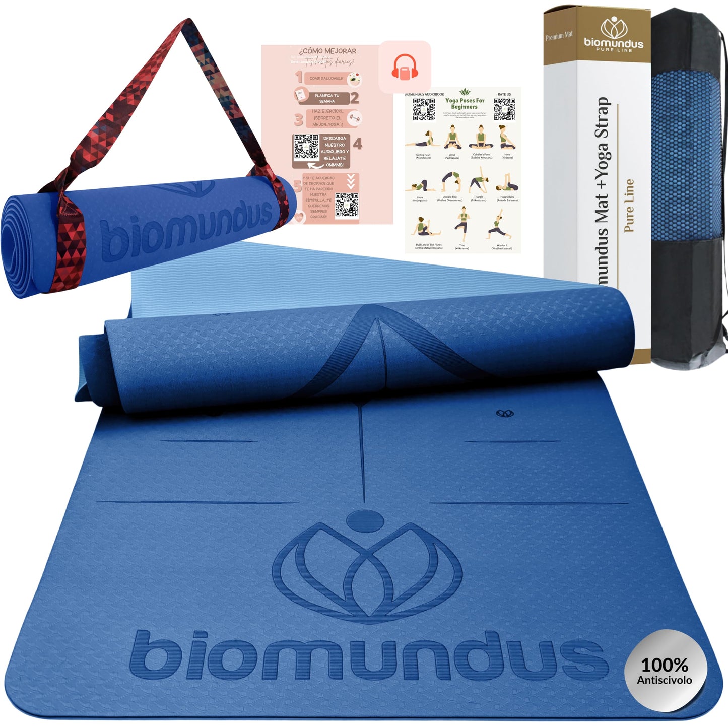 biomundus tappetino yoga antiscivolo + cinghia per lo Yoga + linee di posizione+ borsa tappetino fitness pieghevole tappetino palestra casa tappeto yoga mat