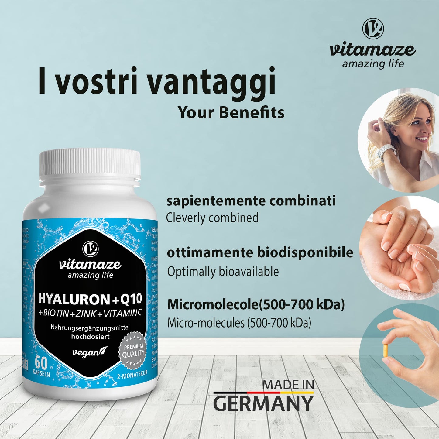 Acido Ialuronico ad Alto Dosaggio Puro + Coenzima Q10, Capsule Vegan per un Trattamento di 2 Mesi, Micromolecule 500-700 kDa, Qualità Tedesca, Integratore Alimentare senza Additivi