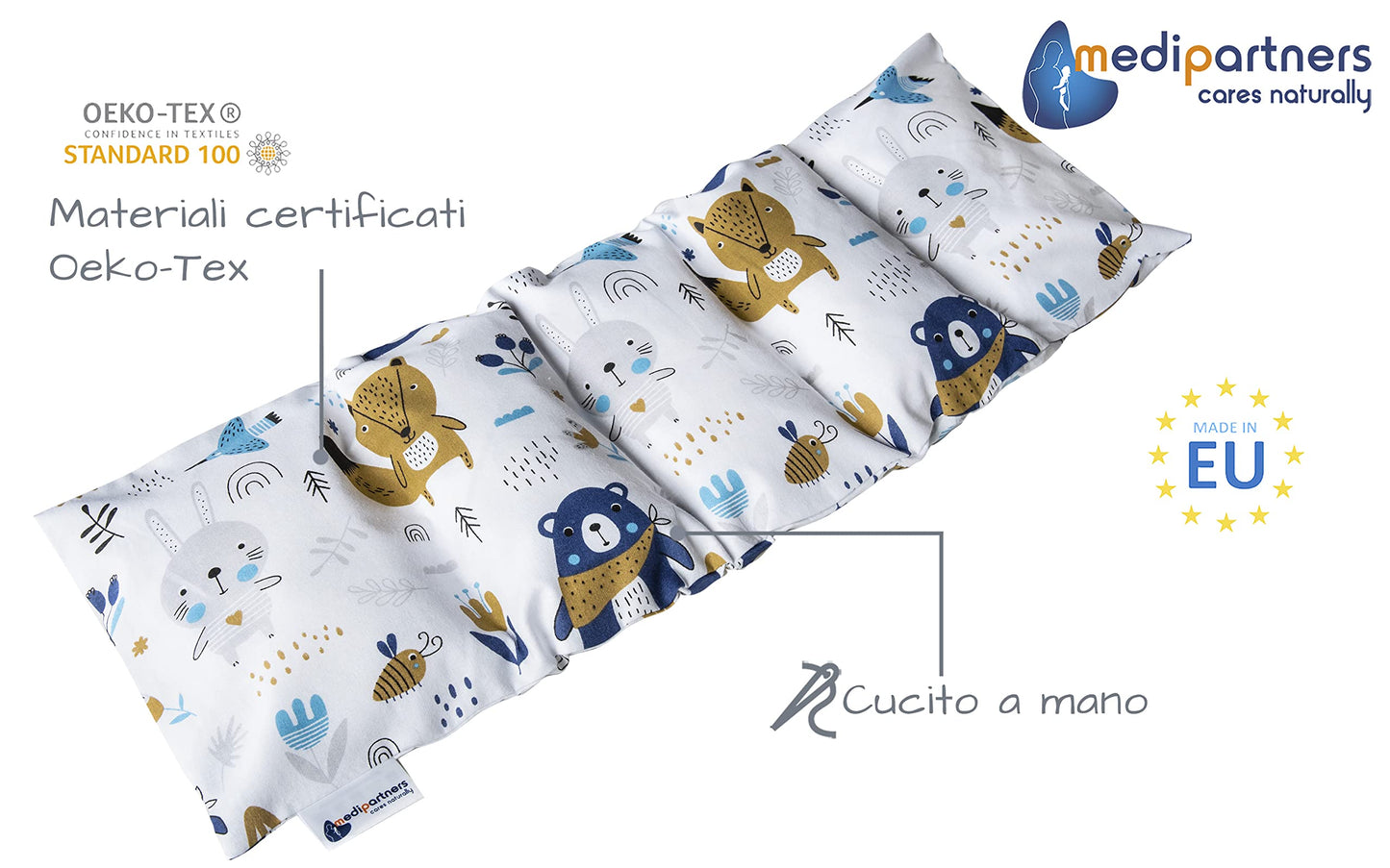 Medi Partners Cuscino Termico noccioli ciliegio 60x20cm 800g 100% Cotone 5 Camere Grande Terapia del freddo Federa sfoderabile (Stelle)