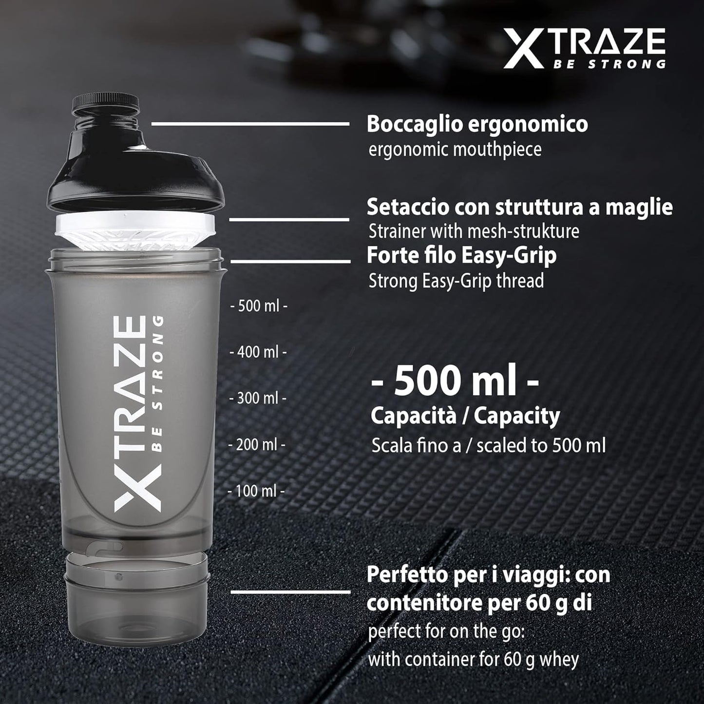 Proteine Shaker 500 ml con Scomparto per la Polvere da 150 ml - Senza BPA - Bottiglia Fitness con Tappo Antiperdita e Gradazione - Filtro per Bevande Proteiche Cremose Senza Grumi - Nero - XTRAZE