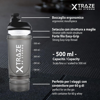 Proteine Shaker 500 ml con Scomparto per la Polvere da 150 ml - Senza BPA - Bottiglia Fitness con Tappo Antiperdita e Gradazione - Filtro per Bevande Proteiche Cremose Senza Grumi - Nero - XTRAZE