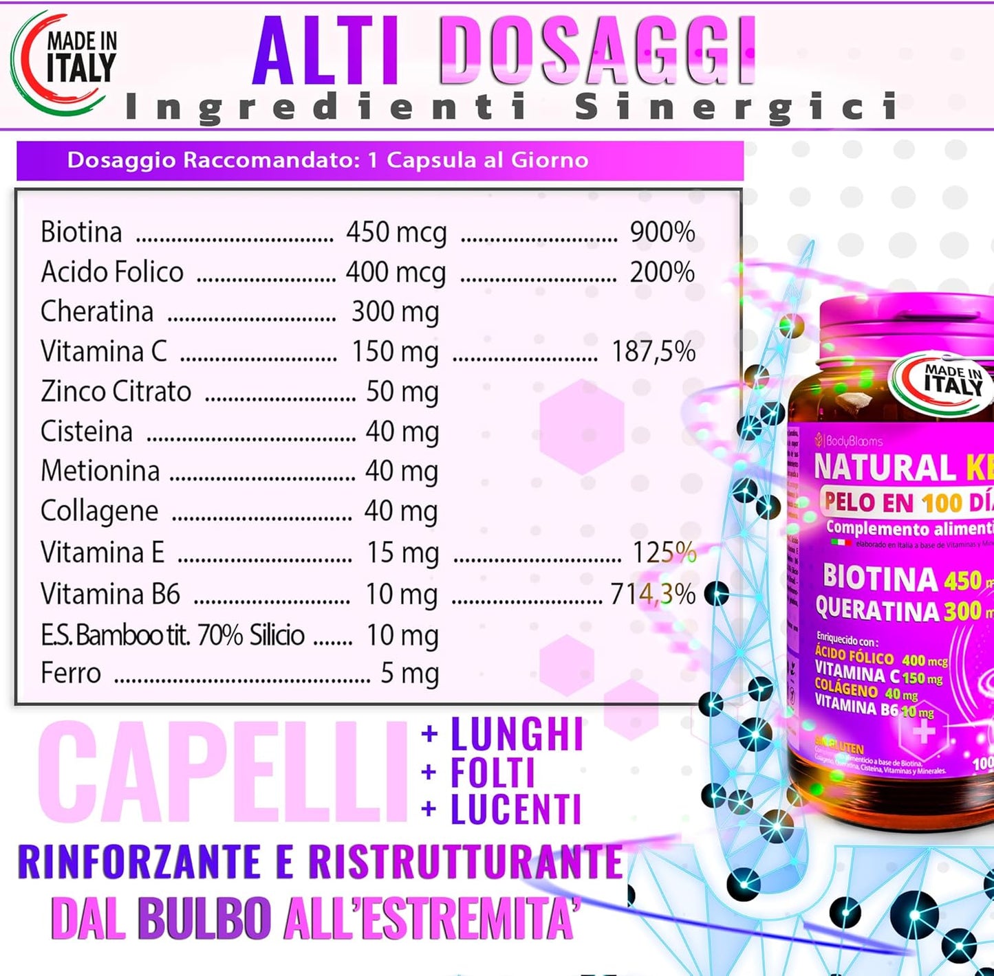 NATURAL KETO® Capelli in 100 Giorni. Integratori per capelli donna uomo con 12 vitamine per capelli tra cui Collagene,Biotina crescita capelli,Cheratina,Ferro,Vitamina b. Integratore capelli ITALIANO