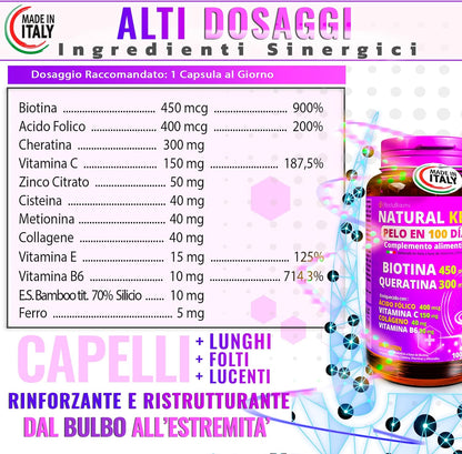 NATURAL KETO® Capelli in 100 Giorni. Integratori per capelli donna uomo con 12 vitamine per capelli tra cui Collagene,Biotina crescita capelli,Cheratina,Ferro,Vitamina b. Integratore capelli ITALIANO