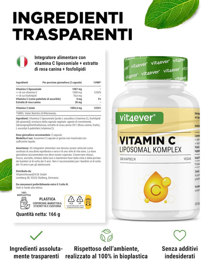 Vitamina C liposomiale - 240 capsule vegane - Premium: altamente dosata con 1000 mg di vitamina pura al giorno - Biodisponibilità particolarmente elevata