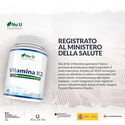 Vitamina K2 MK7 200mcg - 365 Compresse Vegane - 1 Anno di Scorta - Vit K2 Menachinone MK-7 - Nu U Nutrition