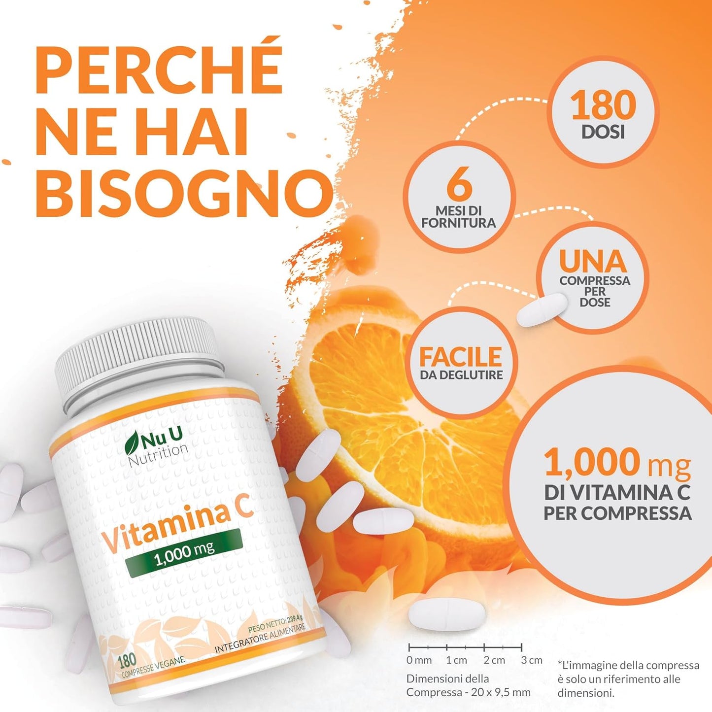 Vitamina C 1000mg Pura Alto Dosaggio - 180 Compresse Vegane - 6 Mesi di Fornitura - Acido Ascorbico - Senza GMO - Integratori alimentari di Nu U Nutrition