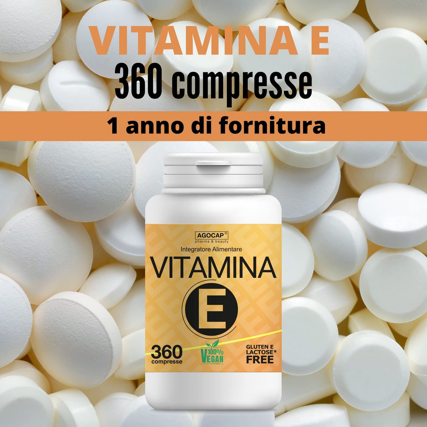 Vitamina E, 360 compresse | Prodotto in Italia, alto dosaggio | Vitamina E pura, massimo dosaggio consentito dalla normativa Italiana | Agocap, integratore vitamina e, tocoferolo puro