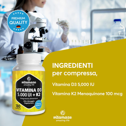 Vitamaze® Vitamina D3 K2 (+1 Anno) di Alto Dosaggio Vitamina D3 + 20 mcg Vitamina K2 al Giorno, 180 Piccole Compresse Vegetariane, Elevata Biodisponibilità, Qualitá Tedesca