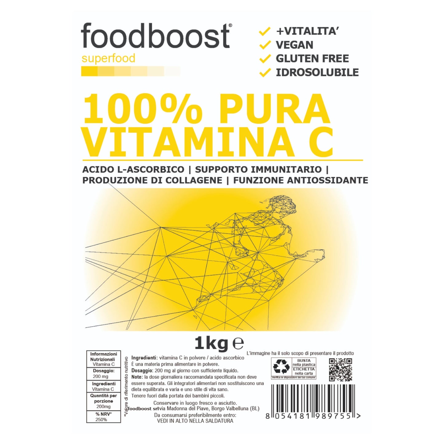 100% Vitamina C in polvere Pura 1 Kg - foodboost - senza additivi, conservanti, edulcoranti. Per Collagene, supporto immunitario, ossa e articolazioni. marchio di fiducia italiano