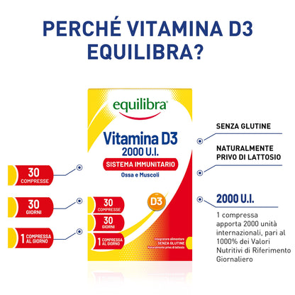 equilibra Integratori Alimentari, Vitamina D3, Integratore Vitamina D3 per la Normale Funzione del Sistema Immunitario, per il Mantenimento di Ossa Normali, 2000 UI, 30 Compresse Altodosate