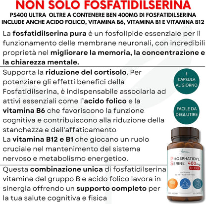 Fosfatidilserina Pura Ps 400mg Contrasta il Cortisolo Migliora Memoria e Concentrazione Riduce lo Stress Integratore con Vitamina B1 (Tiamina) B6 B12 Acido Folico 60 Capsule Poemia