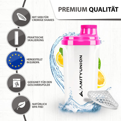 AMITYUNION Shaker per proteine 500 ml Heaven a prova di perdite, senza BPA con setaccio cliccabile e scala per frullati cremosi di siero di latte, shaker per proteine, originale in Rosa