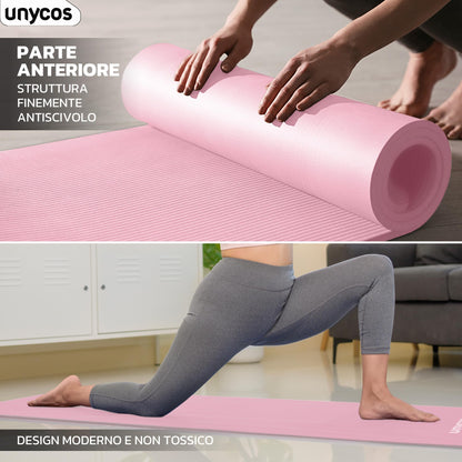 unycos - Tappetino Antiscivolo da Yoga, Pilates e Ginnastica Extra Spesso 10/15 mm, 183x60 cm, Materassino Fitness con Schiuma NBR Confortevole, Tracolla, Borsa ed E-Book di 50 Esercizi