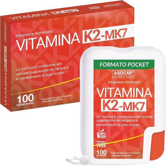 Vitamina K2 MK7 - ALTO DOSAGGIO. Vitamina K2, Menachinone 200mg. Vitamina K, per una Normale Coagulazione del Sangue e al Mantenimento di Ossa Normali. K2, MK7 All Trans 97% - Made in Italy, Agocap