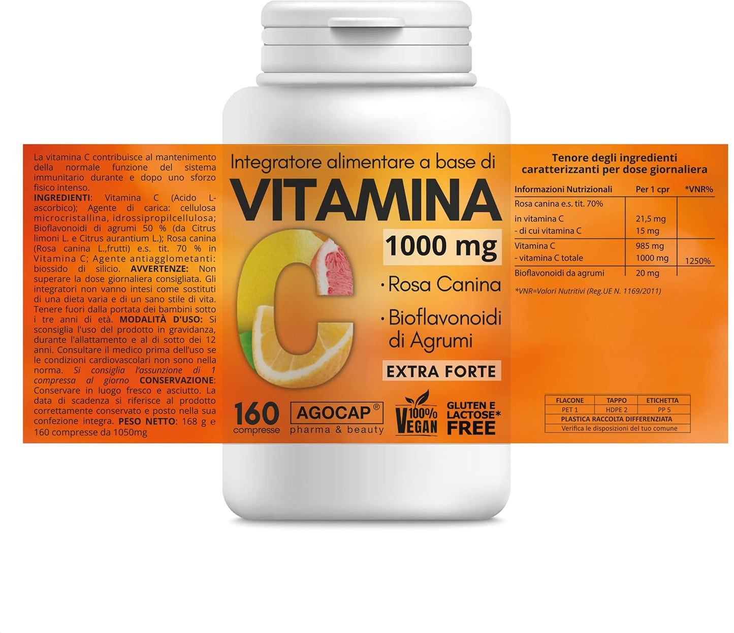 Vitamina C 1000mg, 160 compresse Vegane con Bioflavonoidi da Agrumi e Rosa Canina, alto assorbimento. Rinforza il sistema immunitario | Vitamina C pura. Made in Italy, Agocap