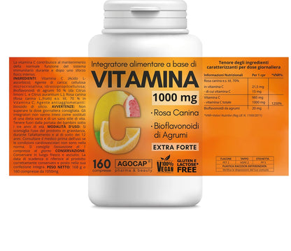 Vitamina C 1000mg, 160 compresse Vegane con Bioflavonoidi da Agrumi e Rosa Canina, alto assorbimento. Rinforza il sistema immunitario | Vitamina C pura. Made in Italy, Agocap