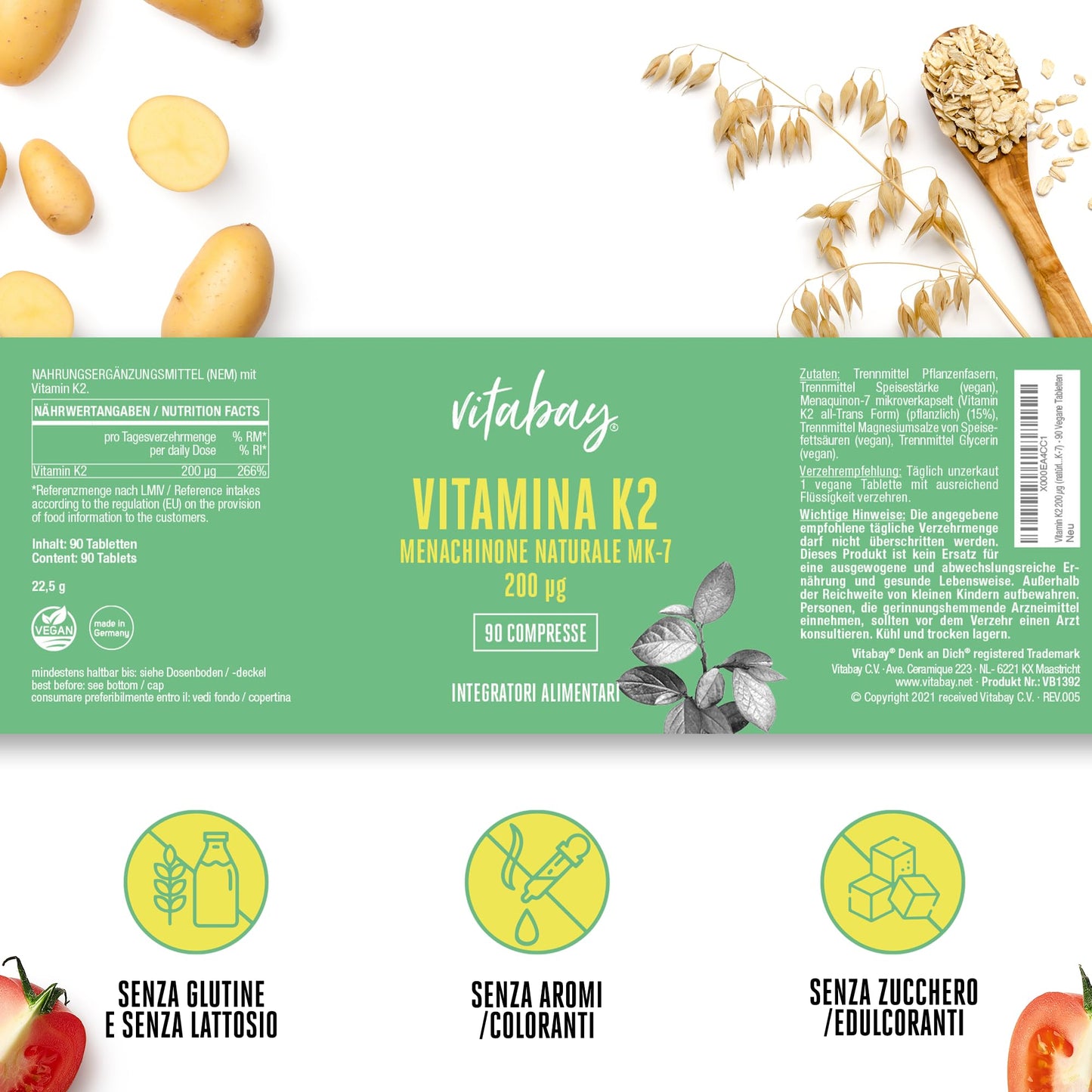 Vitabay Vitamina K2 365 compresse di Vitamina K2 200 mcg vegana con Menachinone MK7 naturale All-Trans ad alto dosaggio - Assumere 1 compressa di Vitamina K2 MK7 al giorno con acqua - Vit K2 K2 MK7