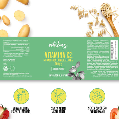 Vitabay Vitamina K2 365 compresse di Vitamina K2 200 mcg vegana con Menachinone MK7 naturale All-Trans ad alto dosaggio - Assumere 1 compressa di Vitamina K2 MK7 al giorno con acqua - Vit K2 K2 MK7