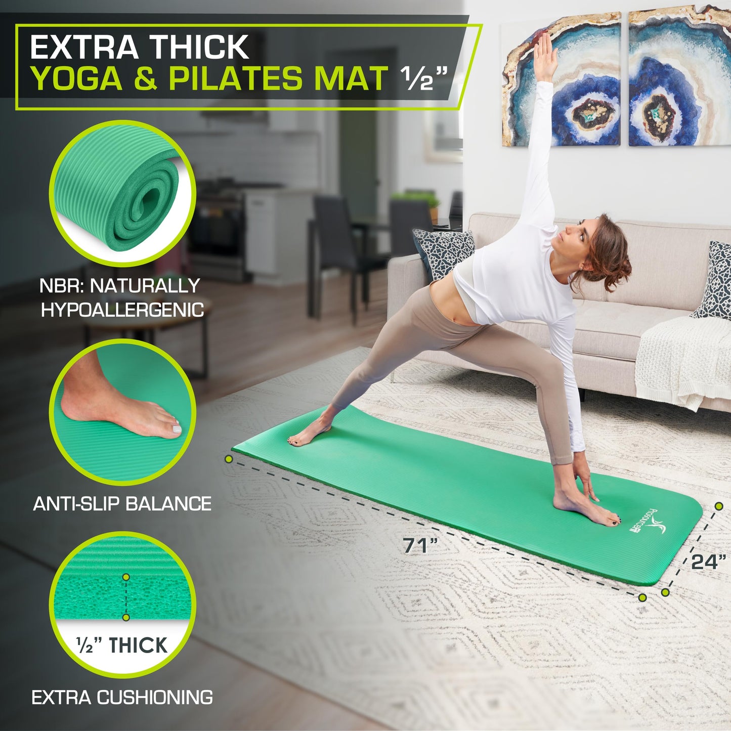 ProsourceFit Extra Thick Yoga and Pilates Mat ½” (13mm) or 1" (25mm), 71-inch Long High Density Exercise Mat with Comfort Foam and Carrying Strap